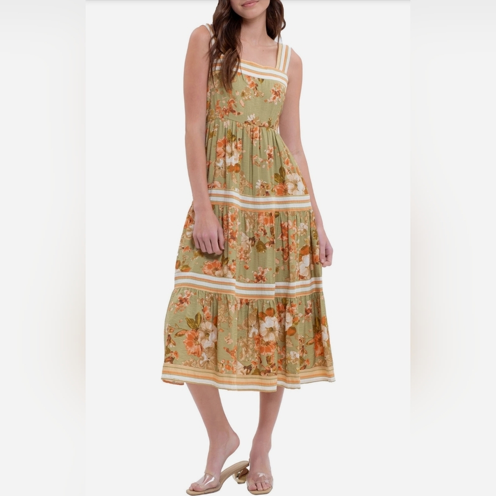 NWT - August Sky Sleeveless Tiered Smocked Olive Multi Midi Dress - Size L